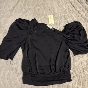 Ramy Brook “Amani” Black Silk Puff Sleeve Smocked Blouse NWT Size S